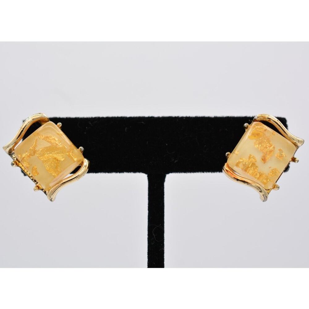 Coro Vintage Lucite Clip Earrings Gold Flake Gold Tone Retro Signed 1950s BinAF